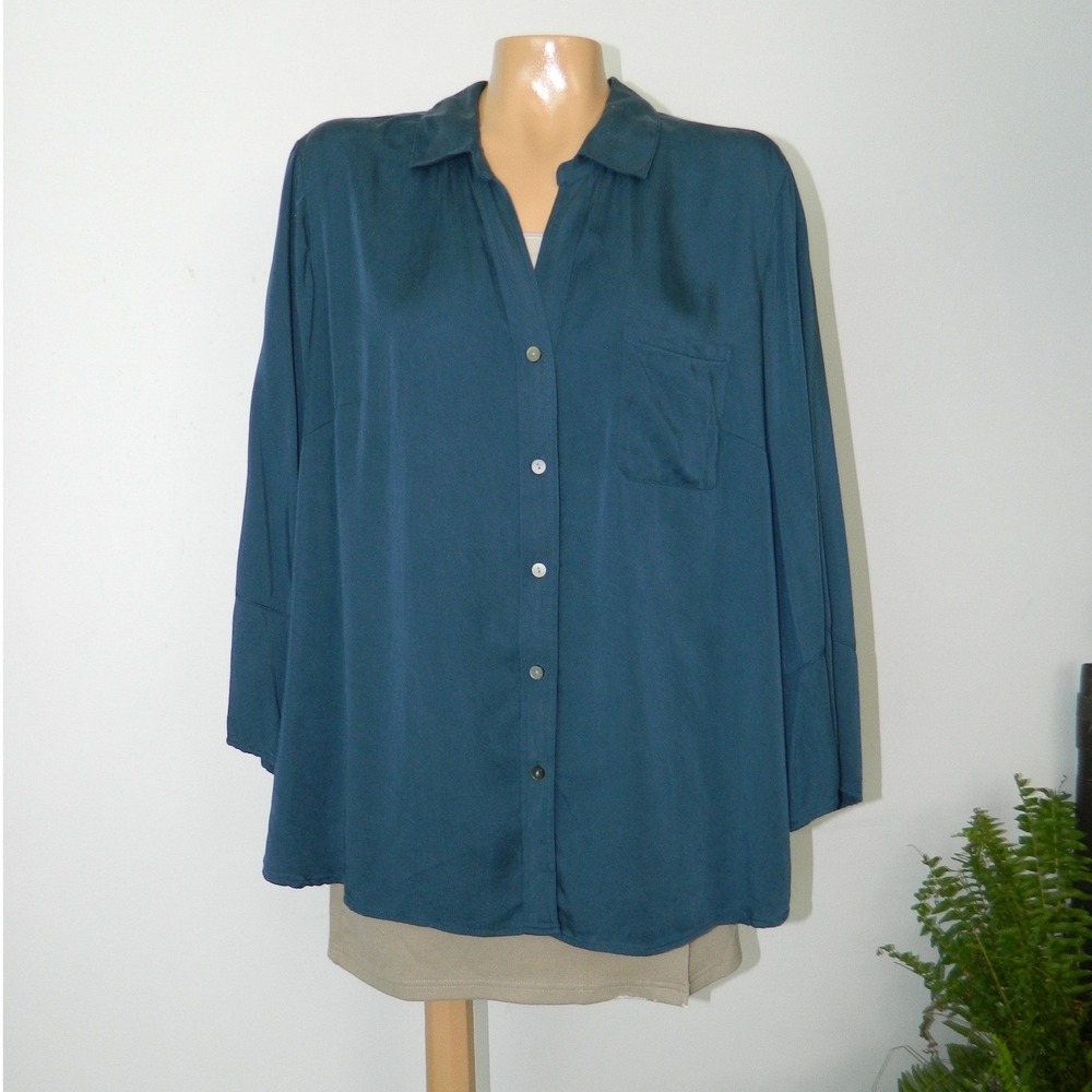 J. Jill Button Down Shirt Womens XL Teal Long Flowy Sleeves Pocket Curved Hem